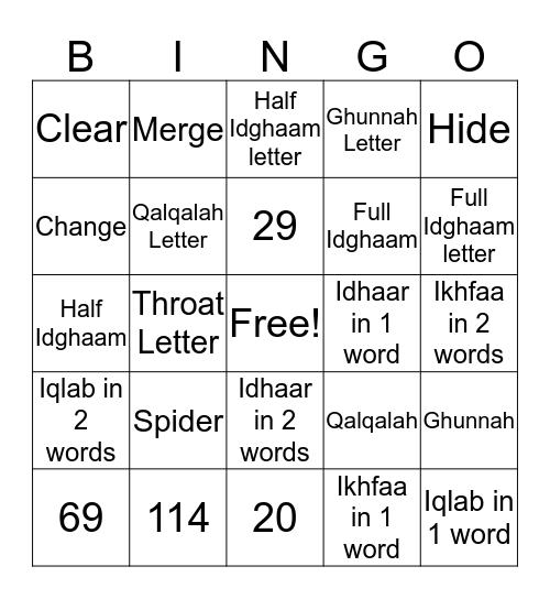 Quran Bingo Card