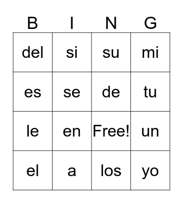 Palabras Frecuentes  Bingo Card