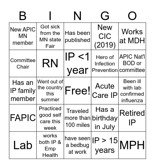 APIC Network Bingo Card