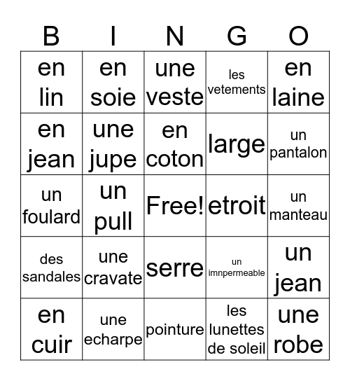 Chapitre 7, Vocabulaire 1 Bingo Card