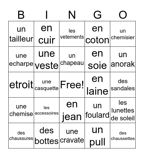 7-1 vocabulaire Bingo Card