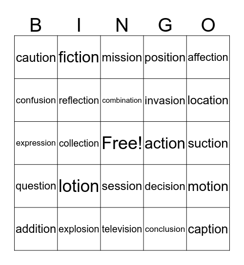 Suffix Bingo Card