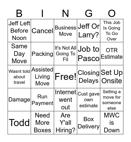 Two Men and a Truck Bingo Card