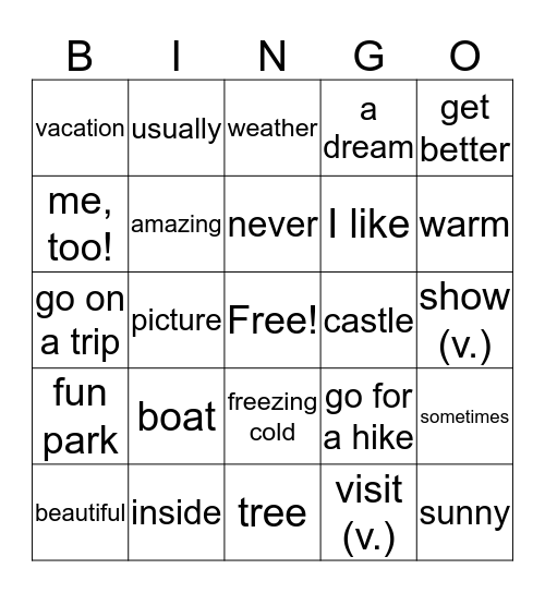 Vocabulary Unit 1 (Sky High Alternative) Bingo Card