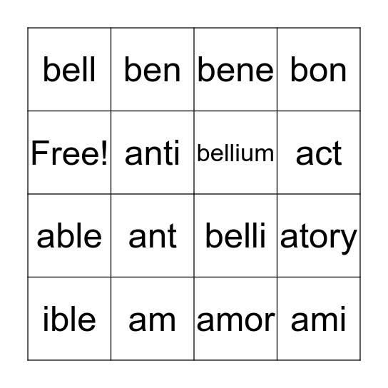 Word Cell Bingo Card