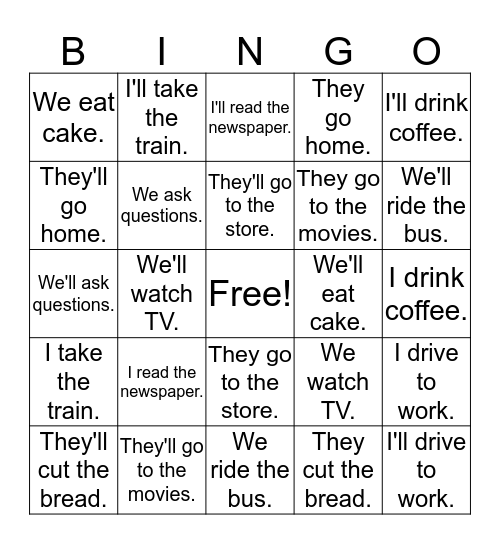 Present or Future Minimal Pairs Bingo Card