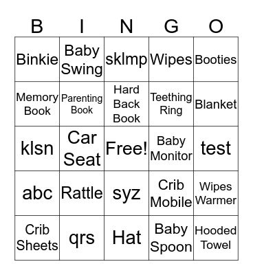 Baby Shower Bingo Card