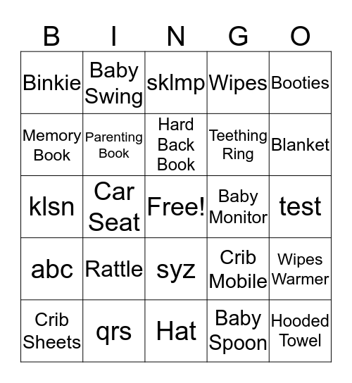 Baby Shower Bingo Card