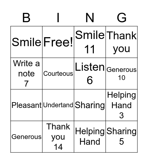 Bingo with Kindness Bingo Card