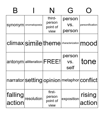 Literature Terms Bingo Card