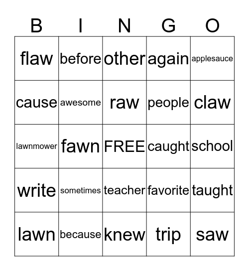 AW / AU Spelling Words Bingo Card