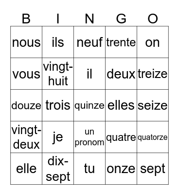 Les pronoms/les numeros 1-20 Bingo Card
