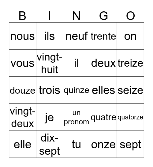 Les pronoms/les numeros 1-20 Bingo Card