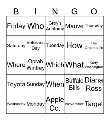 ASL Days of the week, Question Words, and Fingerspelling Bingo Card