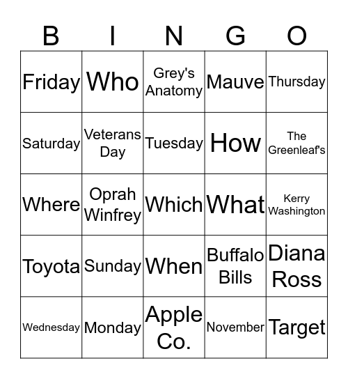 ASL Days of the week, Question Words, and Fingerspelling Bingo Card