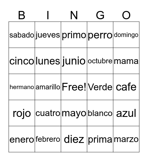 Spanish Bingo Card
