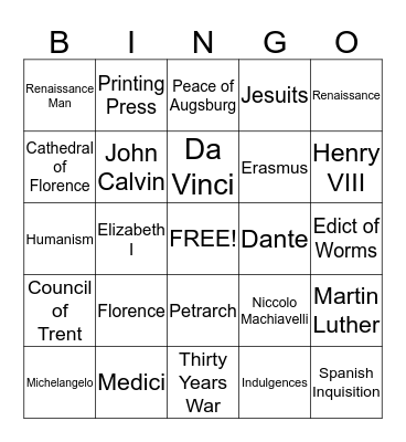 Renaissance & Reformation Bingo Card