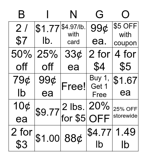 Shopping prices Bingo Card