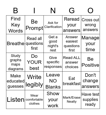 Test Taking Skills and Strategies Bingo Card
