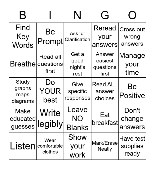 Test Taking Skills and Strategies Bingo Card