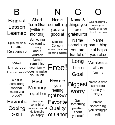 Family Therapy Bingo Card