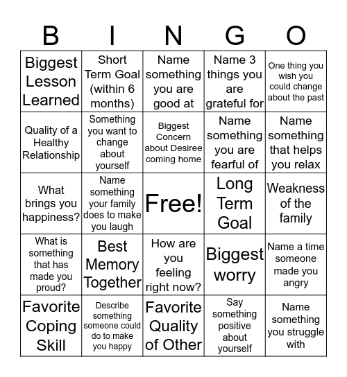 Family Therapy Bingo Card