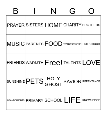 GRATITUDE BINGO Card