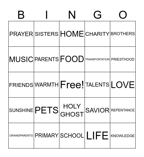 GRATITUDE BINGO Card