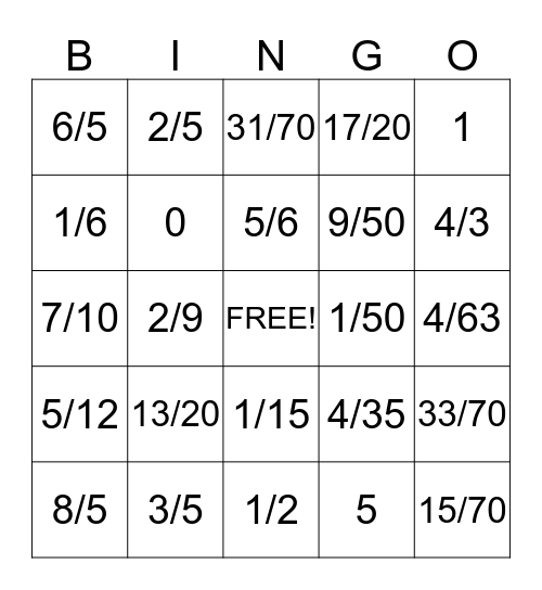 Fraction Bingo Card