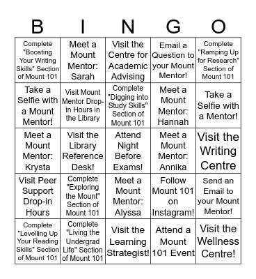 Mount 101 Bingo! Bingo Card