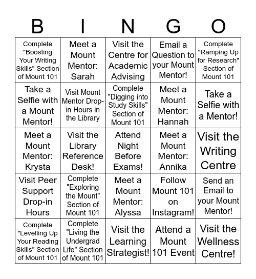 Mount 101 Bingo! Bingo Card