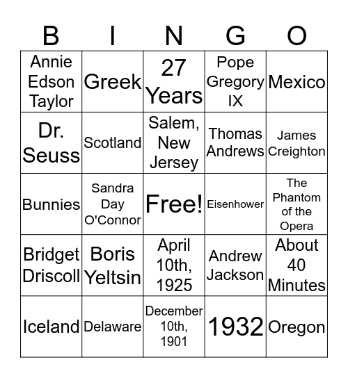 Random History Facts Bingo Card
