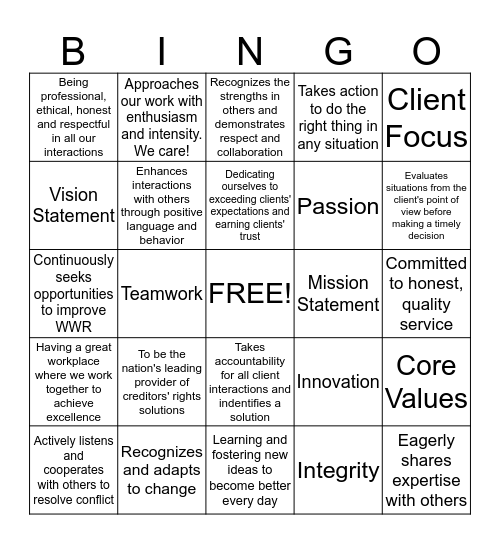 Culture of Excellence - Vision, Mission, Core Values and Behaviors Bingo Card