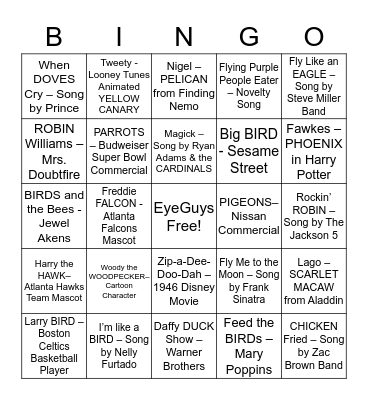 EyeGuys Bird Bingo Card