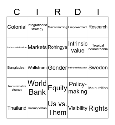 Gender in Development Bingo Card