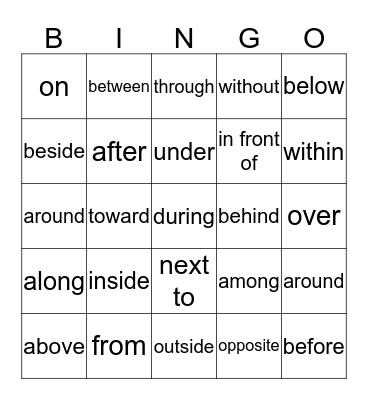 Common PREPOSITIONS Bingo Card