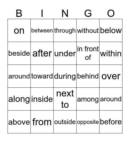 Common PREPOSITIONS Bingo Card