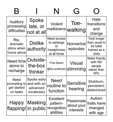 Autistic Bingo Card