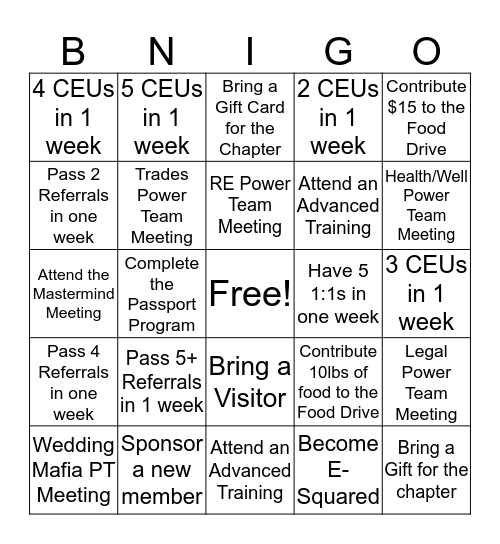 BNI GREEN MACHINE HOLIDAY GAME 2019 Bingo Card