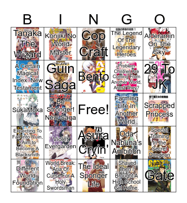 Light Novel Wish List Bingo Card