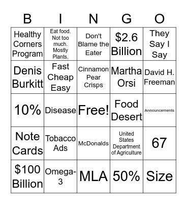 Food Essays Bingo Card