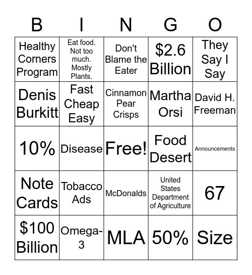 Food Essays Bingo Card