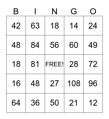 Multiplication Bingo Card