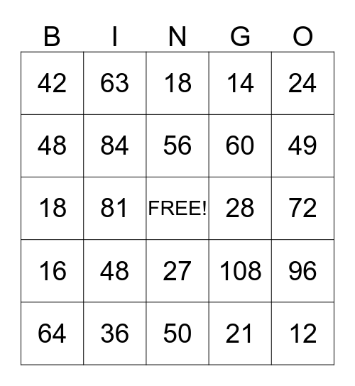 Multiplication Bingo Card