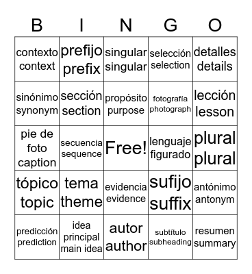 Vocabulary Review Bingo Card