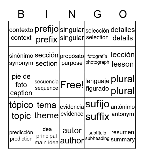 Vocabulary Review Bingo Card