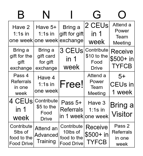 BNI GREEN MACHINE HOLIDAY GAME 2019 Bingo Card