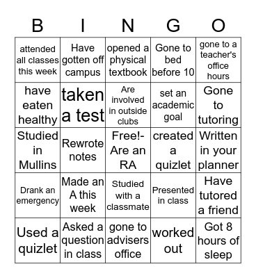Academic Succes Bingo Card