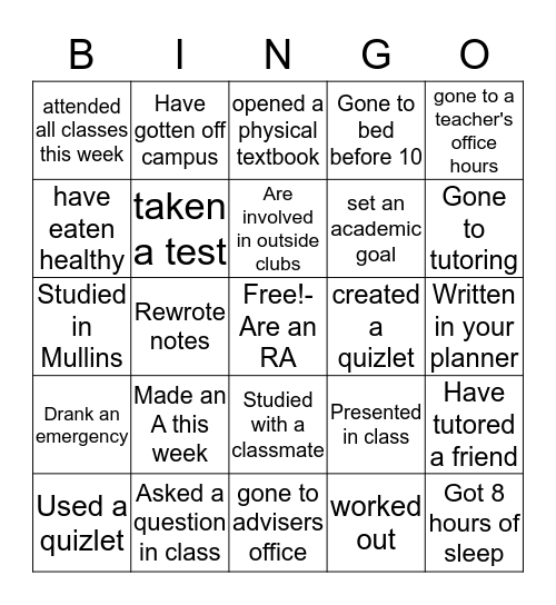 Academic Succes Bingo Card