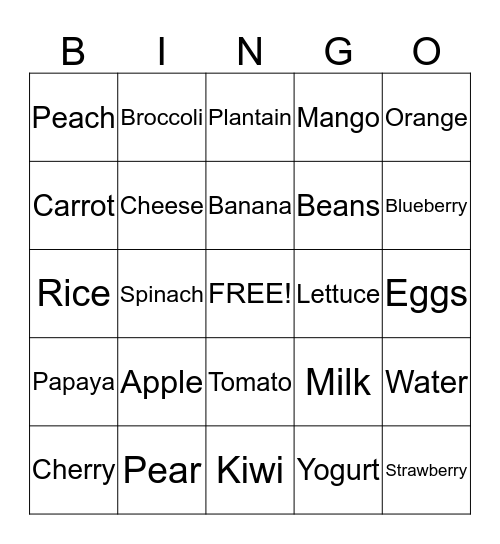 Healthy Foods Bingo Card